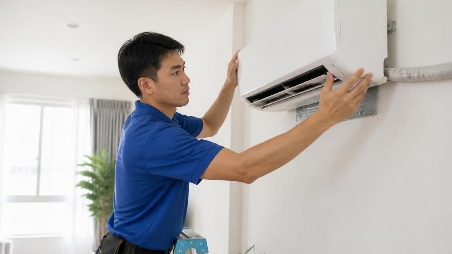 Thợ kỹ thuật mặc áo xanh lắp dàn lạnh điều hòa treo tường trong căn hộ