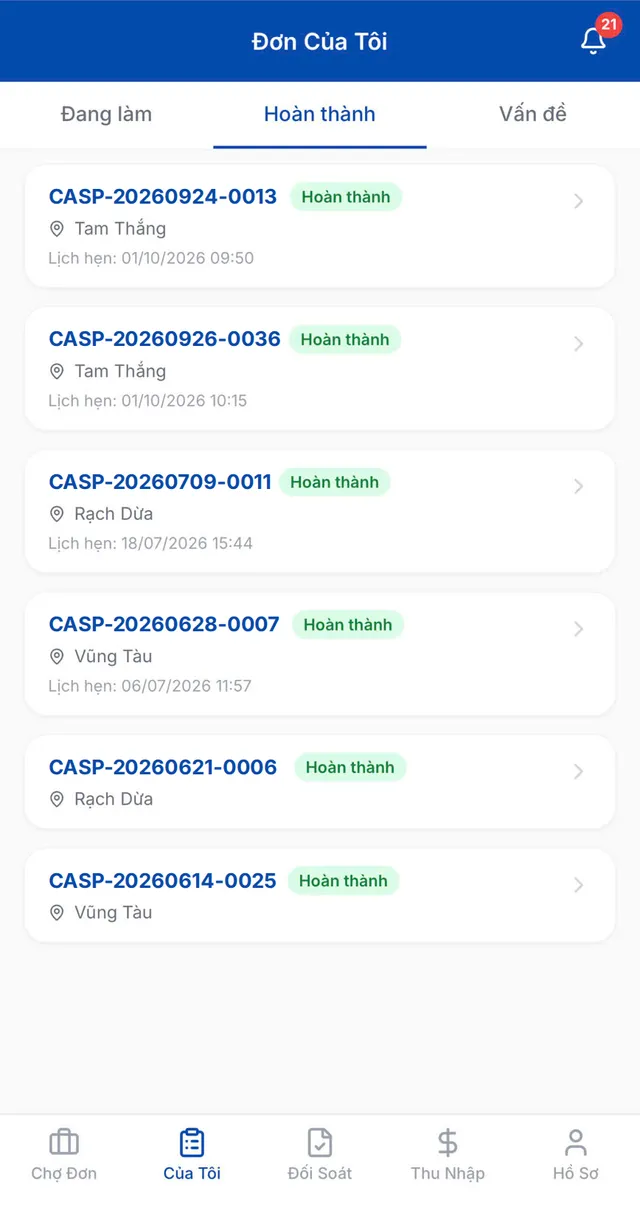 Màn hình Đơn của tôi của ứng dụng thợ: danh sách đơn ở thẻ Hoàn thành, mỗi đơn có mã, khu vực và lịch hẹn
