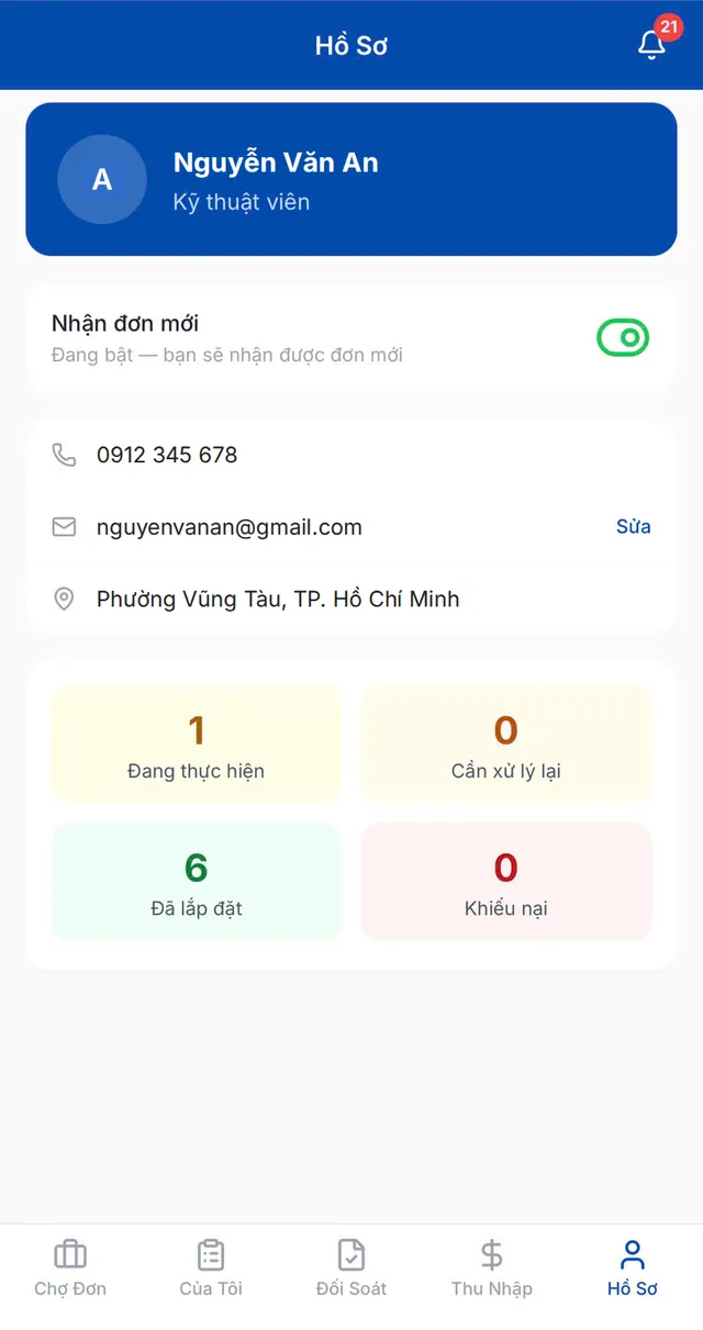 Màn hình Hồ sơ của ứng dụng thợ: nút bật nhận đơn mới, thông tin liên hệ và số đơn đang thực hiện, đã lắp đặt, khiếu nại