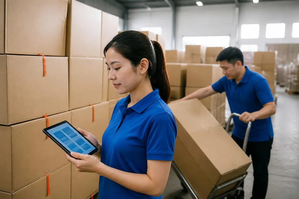 Nhân viên kiểm đơn trên máy tính bảng giữa các thùng hàng điện máy, phía sau một người đẩy xe hàng