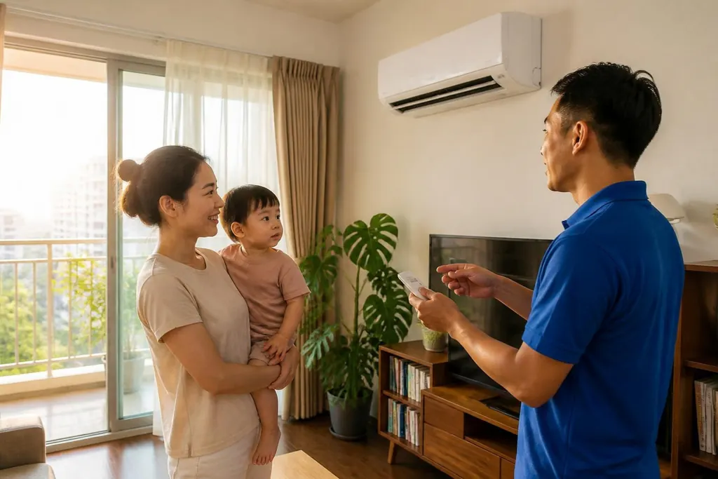 Thợ kỹ thuật hướng dẫn một gia đình dùng điều khiển của máy điều hòa vừa lắp