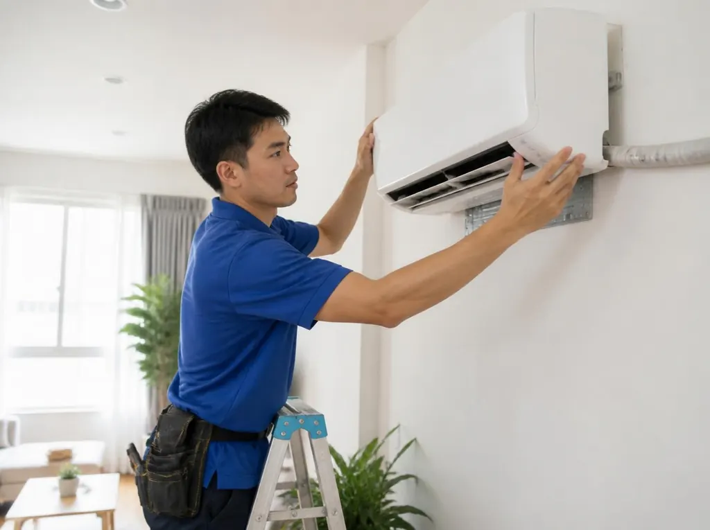 Thợ kỹ thuật mặc áo xanh lắp dàn lạnh điều hòa treo tường trong căn hộ