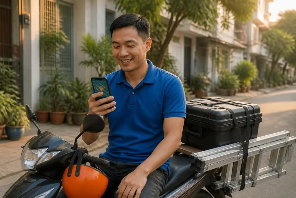 Thợ kỹ thuật ngồi trên xe máy chở thùng đồ nghề và thang, xem đơn mới trên điện thoại